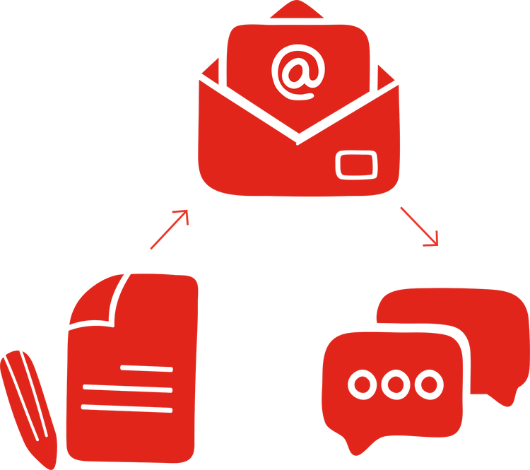 Icons representing contact methods: email, physical mail, and online communication